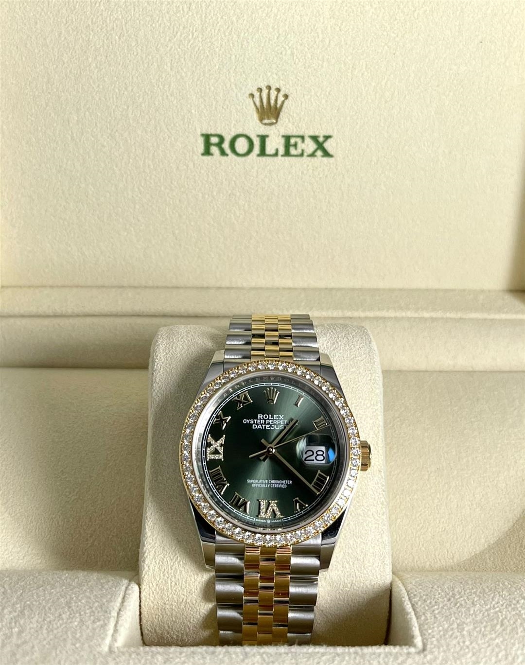 DATEJUST 36 MM GREEN OLIVE YE L PIRLANTALI BEZEL 126283RBR SIFIR Nasyonel Chrono